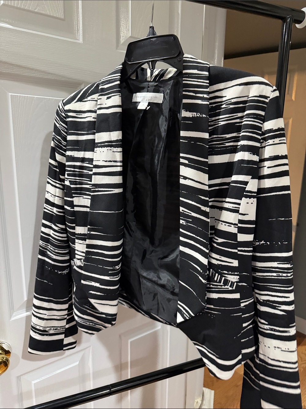 New York & Company Black and White Striped Open-Front Blazer